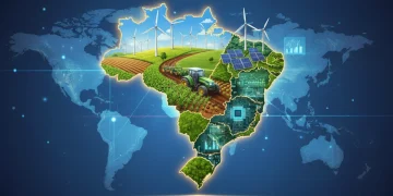 Brasil na Vanguarda: Inovação Global em 3 Setores Chave para 2026 Mapa do Brasil formado por elementos de agronegócio, tecnologia e energias renováveis, simbolizando inovação e desenvolvimento.