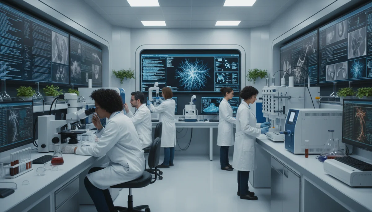 Pesquisadores brasileiros em um laboratório moderno analisando amostras de solo e tecidos vegetais, representando inovação no agronegócio.