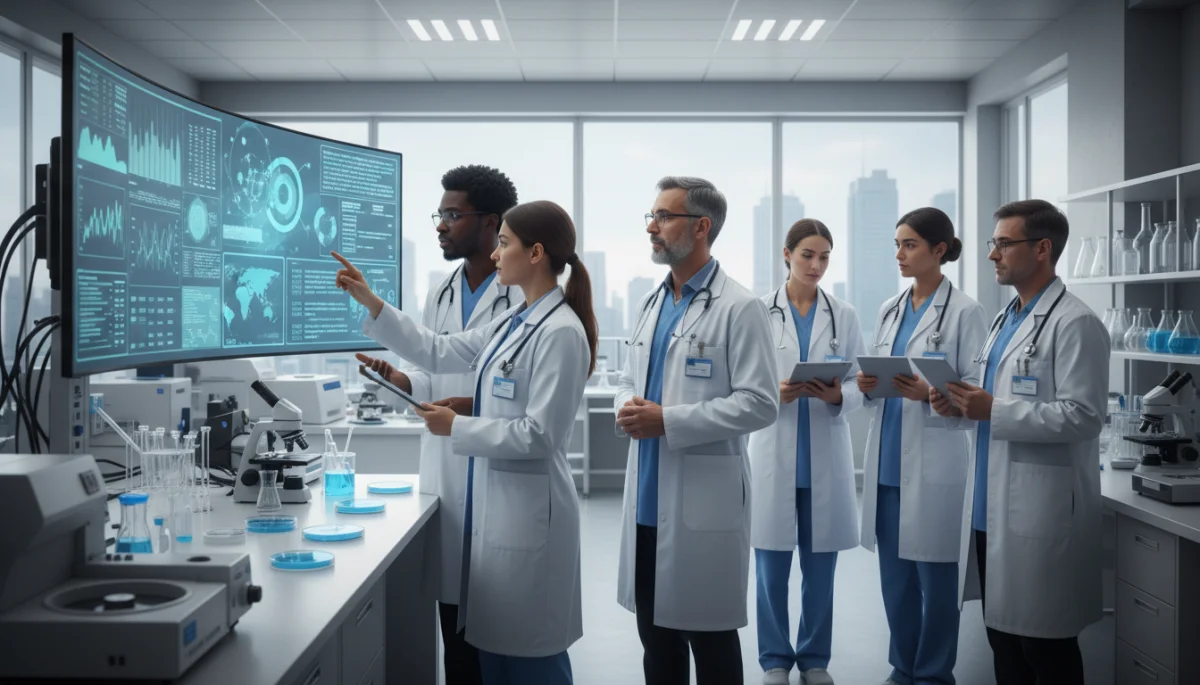 Profissionais de saúde colaborando em laboratório, simbolizando inovação na vigilância.