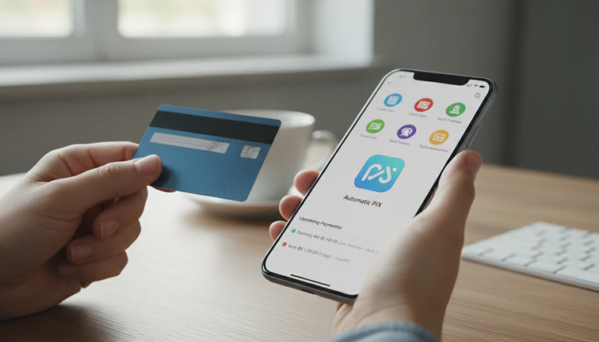 Mão segurando um cartão de crédito e um smartphone com uma carteira digital, mostrando opções de pagamento e o PIX.
