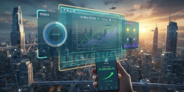 Interface de conta digital com gráficos de investimento e um smartphone exibindo um aplicativo financeiro, simbolizando otimização de rendimentos.