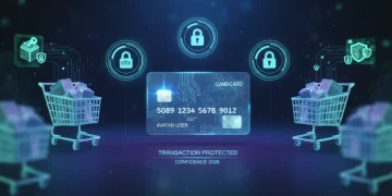 Interface digital com cartão de crédito virtual e ícones de segurança, simbolizando compras online protegidas.