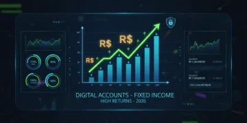 Interface digital exibindo gráficos de investimento e símbolos de real, representando as melhores contas digitais com renda fixa e alta rentabilidade para 2026.