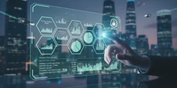 Recursos Inovadores de Contas Digitais: Aproveite ao Máximo em 2026 Interface de conta digital futurista com gráficos financeiros e ícone de segurança, refletindo a inovação bancária.