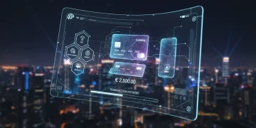Interface futurista de pagamento digital com opções de transação e holograma de cartão de crédito e smartphone.