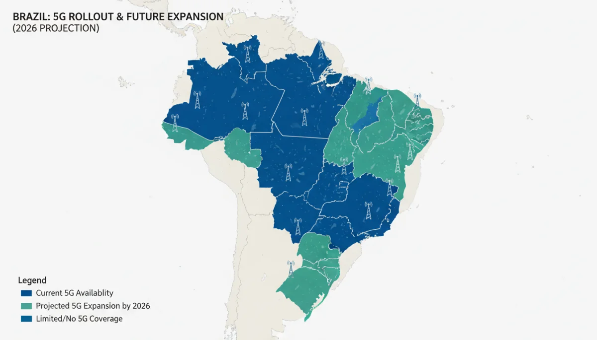 Mapa do Brasil detalhando as áreas com cobertura 5G atual e as projeções de expansão da rede até 2026, mostrando o avanço da tecnologia.