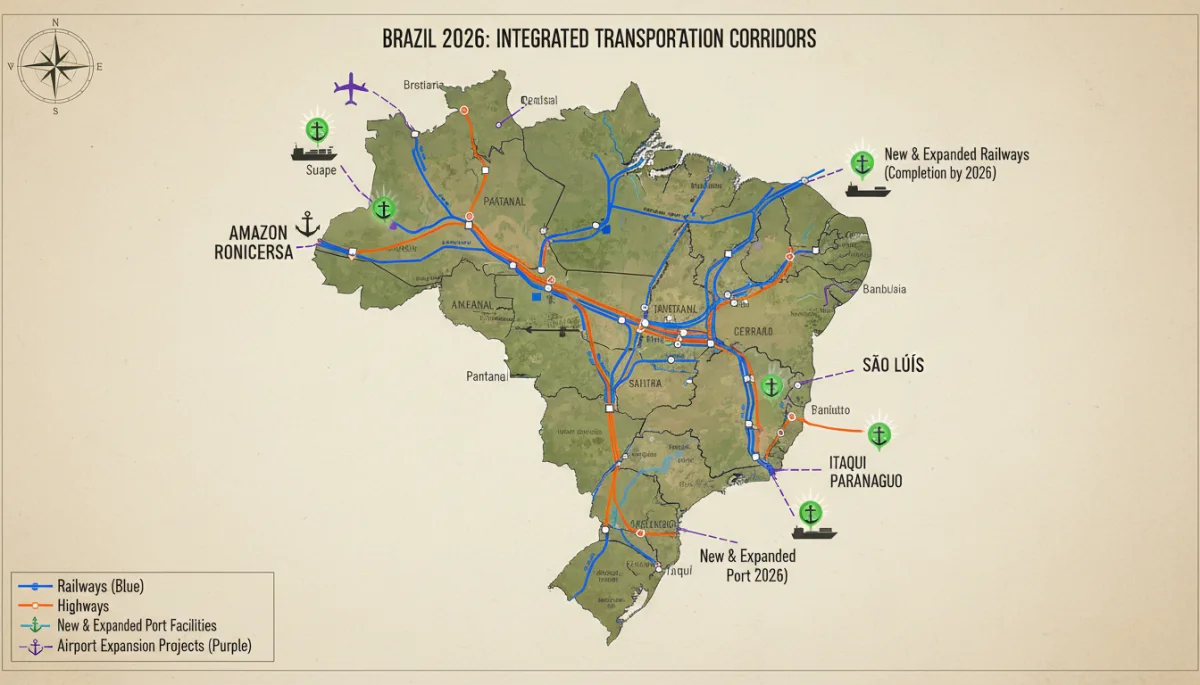Mapa detalhado do Brasil com destaque para os principais corredores de transporte e logística, ilustrando os projetos de infraestrutura com conclusão prevista para 2026.