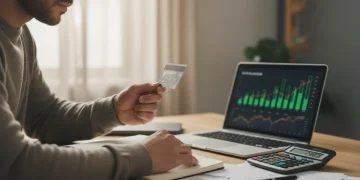Pessoa analisando um cartão de crédito com calculadora e gráficos financeiros ao fundo, simbolizando negociação de anuidade.
