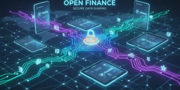 Ilustração digital de dados financeiros interconectados entre dispositivos, simbolizando o Open Finance e contas digitais.