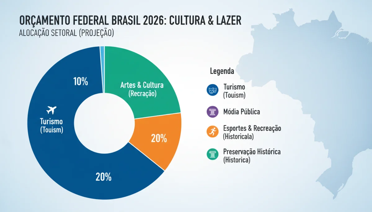 Gráfico detalhado mostrando a distribuição do orçamento federal para cultura e lazer em 2026, com categorias como artes cênicas, música, museus e esporte.