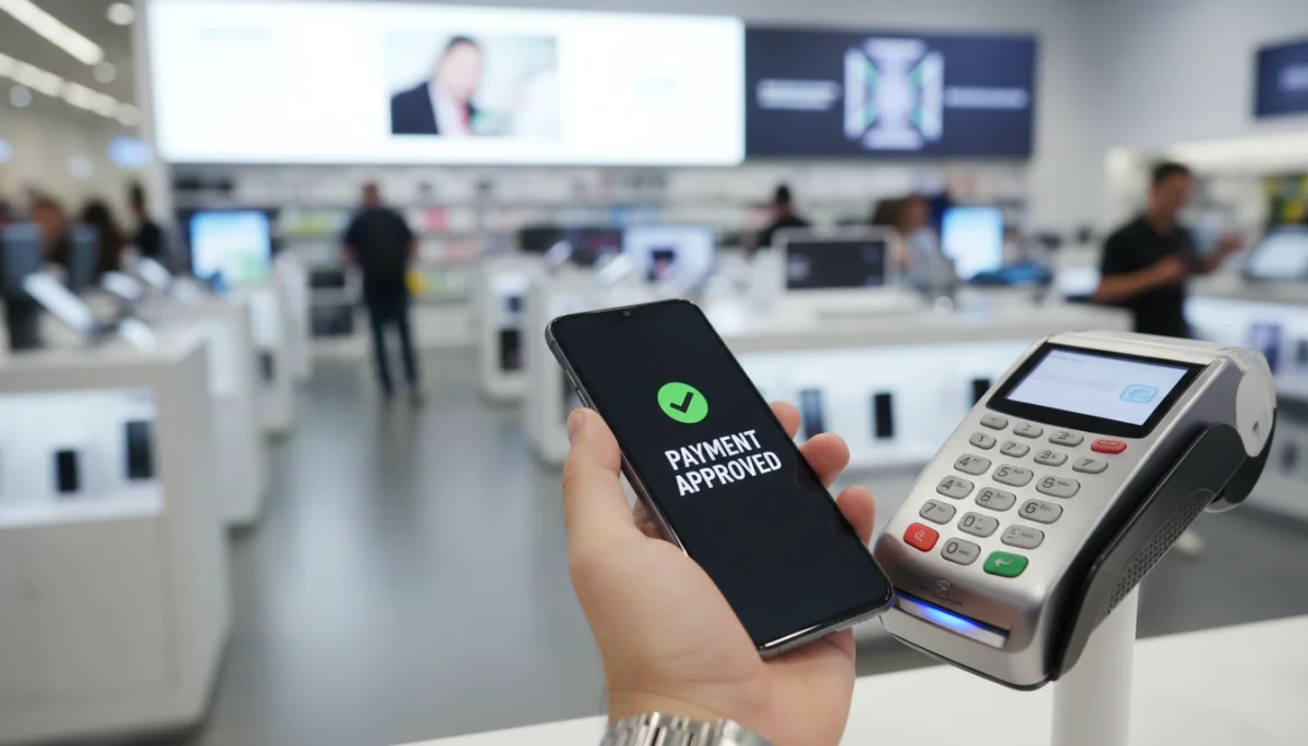 Pessoa realizando pagamento por aproximação com smartphone em terminal de vendas.