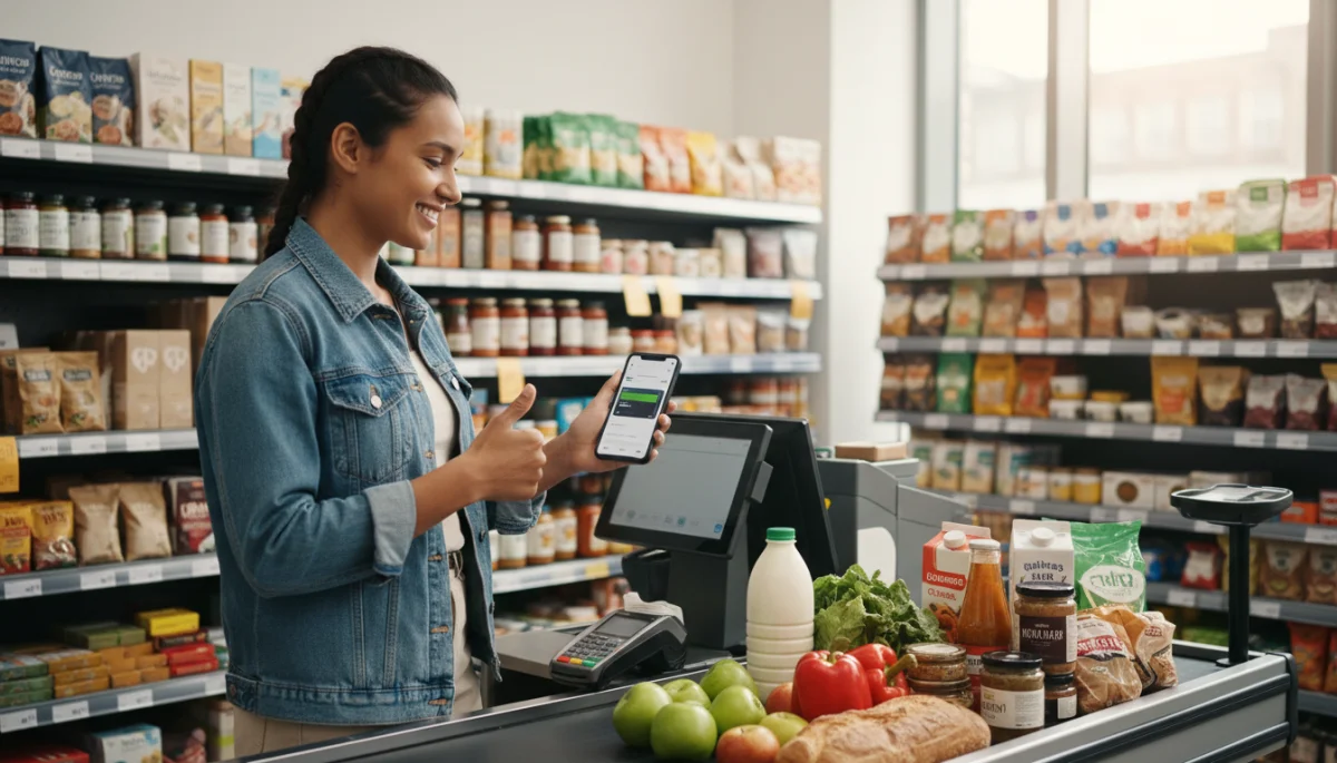Pessoa sorrindo pagando compras com carteira digital no smartphone, simbolizando a facilidade e conveniência das contas digitais.
