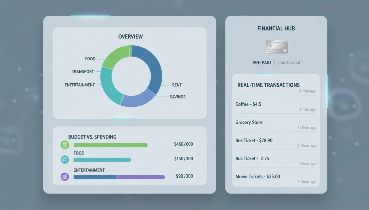 Painel de controle financeiro com gráficos de orçamento e gastos, destacando a gestão de um cartão pré-pago.