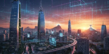 Paisagem urbana brasileira futurista com linhas digitais brilhantes simbolizando a rede 5G e alta velocidade de conexão, destacando a inovação tecnológica.