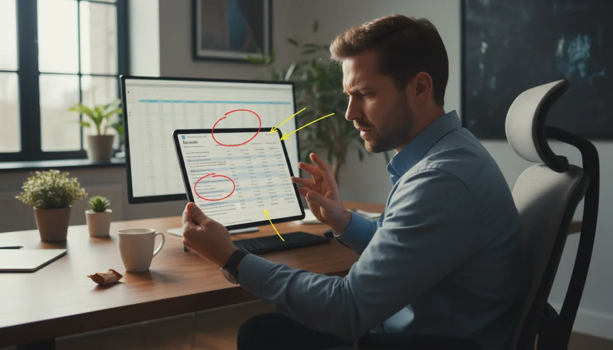Pessoa confusa analisando extrato bancário em tablet, com destaque para taxas ocultas.