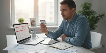 Pessoa preocupada segurando um cartão de crédito, com documentos financeiros ao redor, simbolizando a busca por soluções para negativados.
