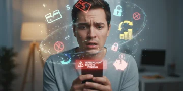 Pessoa preocupada segurando um smartphone, com ícones de transações digitais ao redor, representando disputas financeiras em contas digitais.