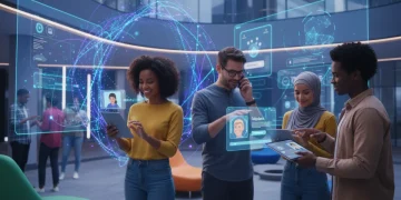 Pessoas utilizando smartphones e tablets com interfaces de atendimento digital