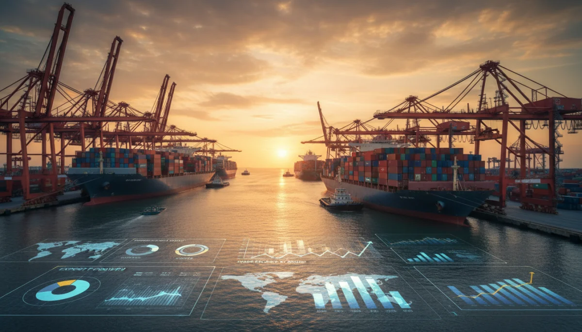 Navios cargueiros em um porto movimentado ao amanhecer, representando o fluxo de exportações brasileiras e a eficiência logística.