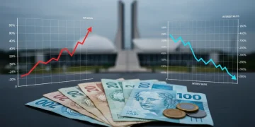 Previsões Econômicas 2026: Inflação e Juros no Brasil Dinheiro brasileiro, gráficos de inflação e juros, e o Congresso Nacional, simbolizando as previsões econômicas para 2026 no Brasil.