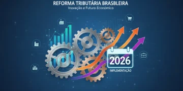 Gráfico estilizado da Reforma Tributária 2026, com engrenagens e setas indicando impacto econômico.