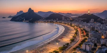 Vista panorâmica do Rio de Janeiro ao entardecer, com o Pão de Açúcar e o Cristo Redentor, simbolizando a retomada do turismo no Brasil.