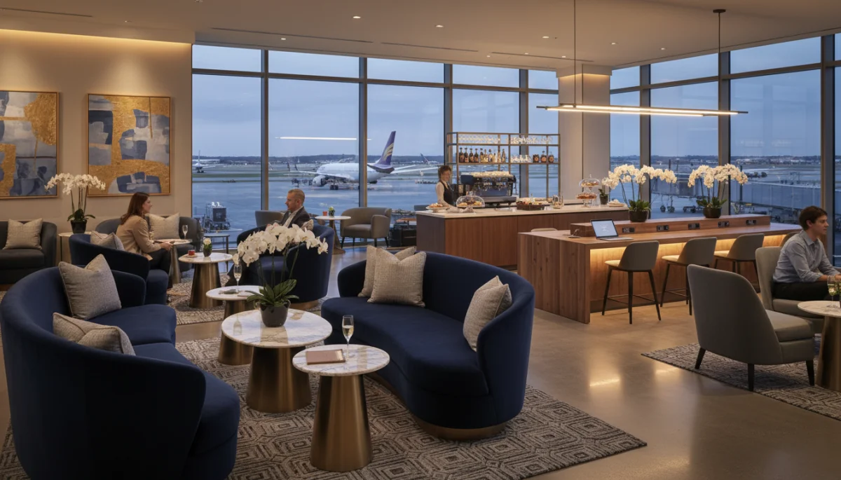 Pessoas relaxando em uma sala VIP de aeroporto luxuosa, com poltronas confortáveis e ambiente moderno, simbolizando o acesso exclusivo do Cartão Black.