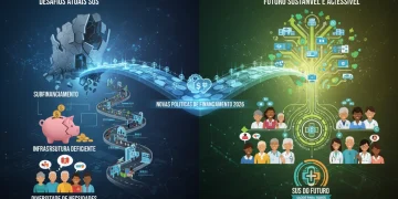 Infográfico detalhado sobre os desafios do SUS e as novas políticas de financiamento para 2026 no Brasil, com elementos visuais de investimento e acesso à saúde.