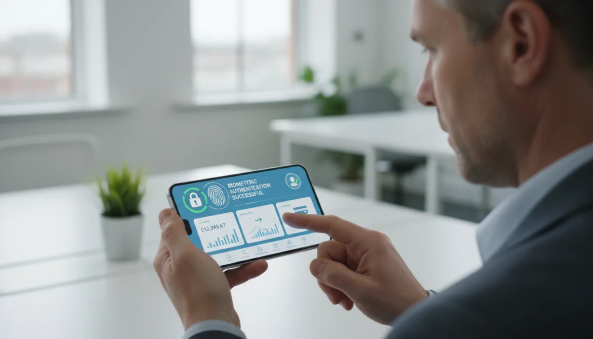 Pessoa utilizando aplicativo de banco digital com autenticação biométrica, simbolizando segurança aprimorada nas transações financeiras.