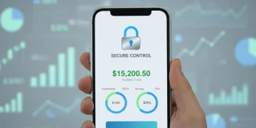Smartphone com aplicativo de conta digital e cadeado, simbolizando segurança financeira.