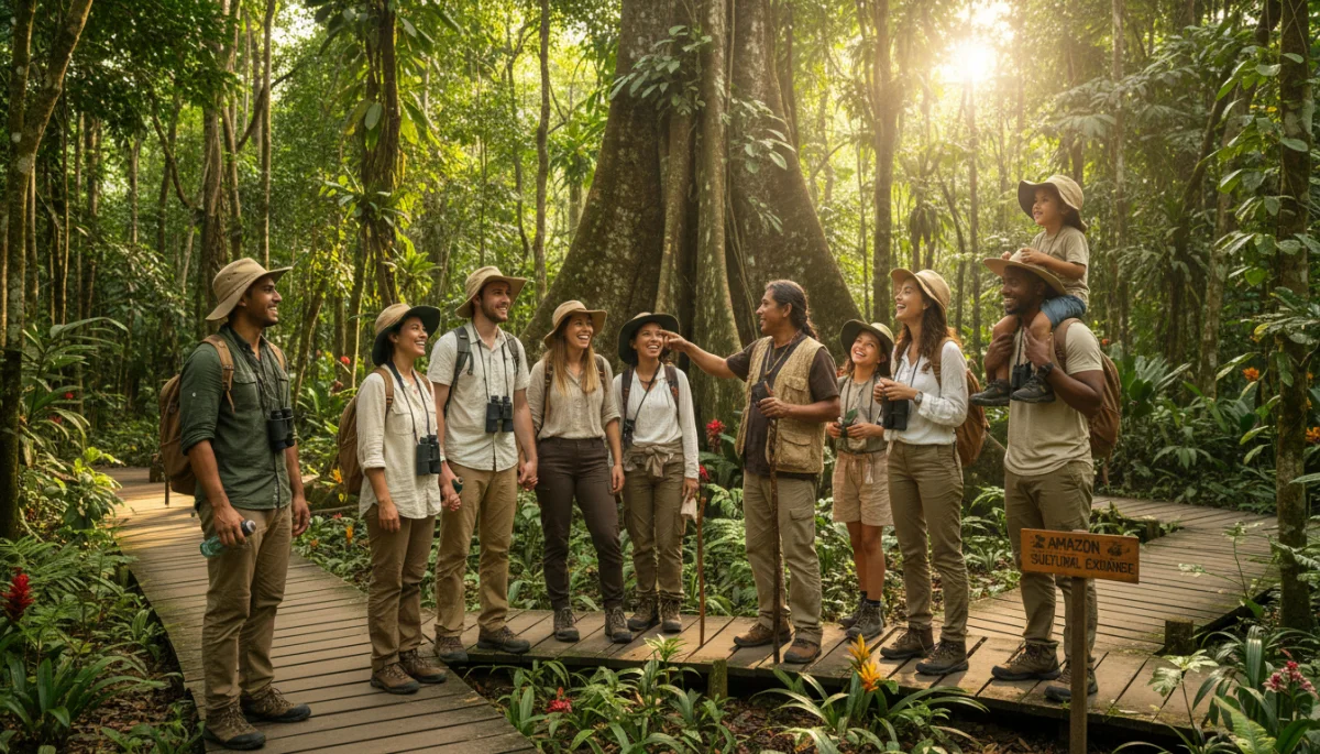 Turistas explorando a Amazônia com um guia local, evidenciando o ecoturismo e a experiência cultural no Brasil.
