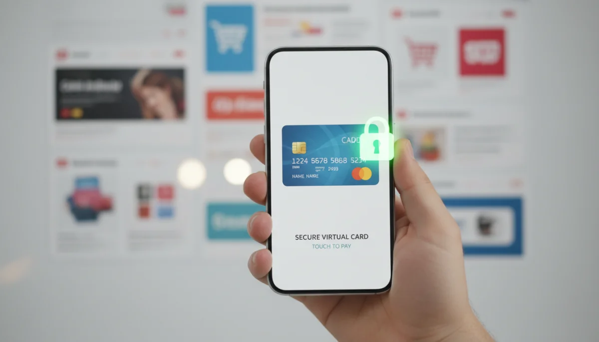 Pessoa utilizando smartphone para exibir cartão de crédito virtual com cadeado de segurança, realizando compra online.