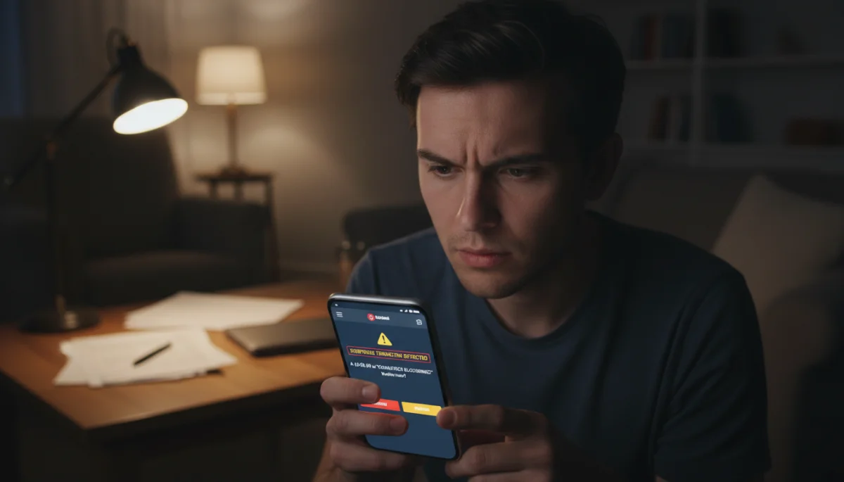 Pessoa verificando notificações de transações suspeitas no aplicativo bancário do celular.