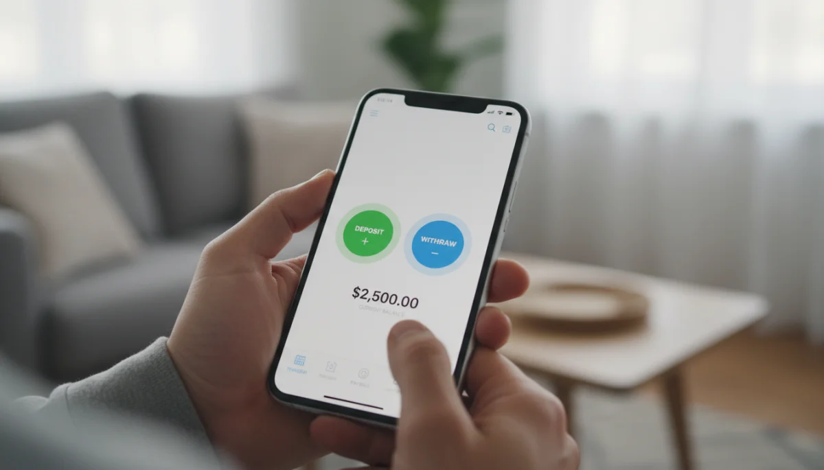 Tela de smartphone exibindo aplicativo bancário com opções de depósito e saque, simbolizando a facilidade das transações digitais.
