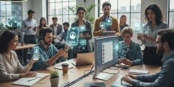 Pessoas interagindo com atendimento ao cliente digital em smartphones e tablets, simbolizando a busca por melhor suporte em contas digitais.