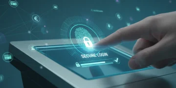 Dedo sendo escaneado por dispositivo biométrico em tela digital, simbolizando segurança em contas digitais
