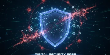 Escudo digital protegendo dados contra ameaças cibernéticas em 2026