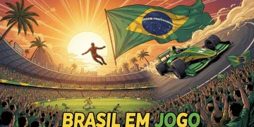 Montagem vibrante de grandes eventos esportivos no Brasil para 2026, com futebol, automobilismo e esportes radicais.