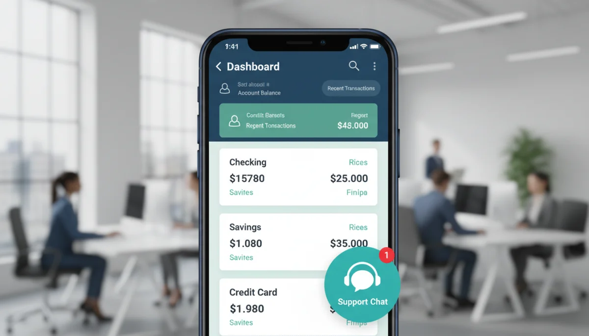 Interface de aplicativo de banco digital com ícone de chat de suporte, representando a facilidade de acesso ao atendimento ao cliente.