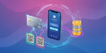 Ilustração de métodos de pagamento digital, incluindo app bancário, cartão e QR Code, representando opções de saque e depósito em contas digitais.
