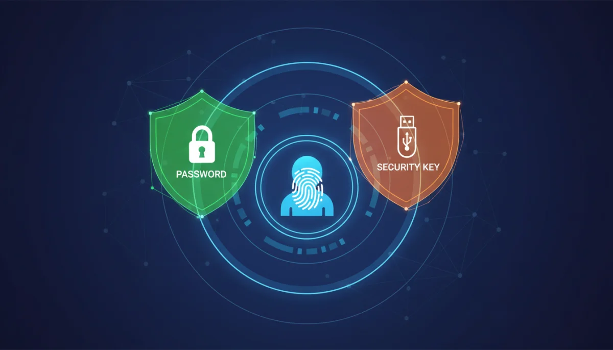 Ilustração de múltiplas camadas de segurança digital protegendo uma conta, com ícones de biometria, senha e chave de segurança.