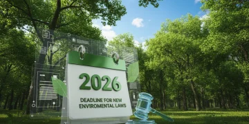 Floresta exuberante com calendário marcando 2026, simbolizando as novas leis ambientais e o prazo de adaptação.