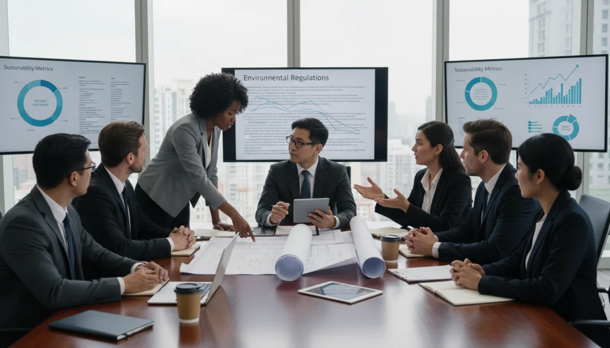 Profissionais diversos discutindo planos estratégicos para adaptação às novas leis ambientais de 2026.