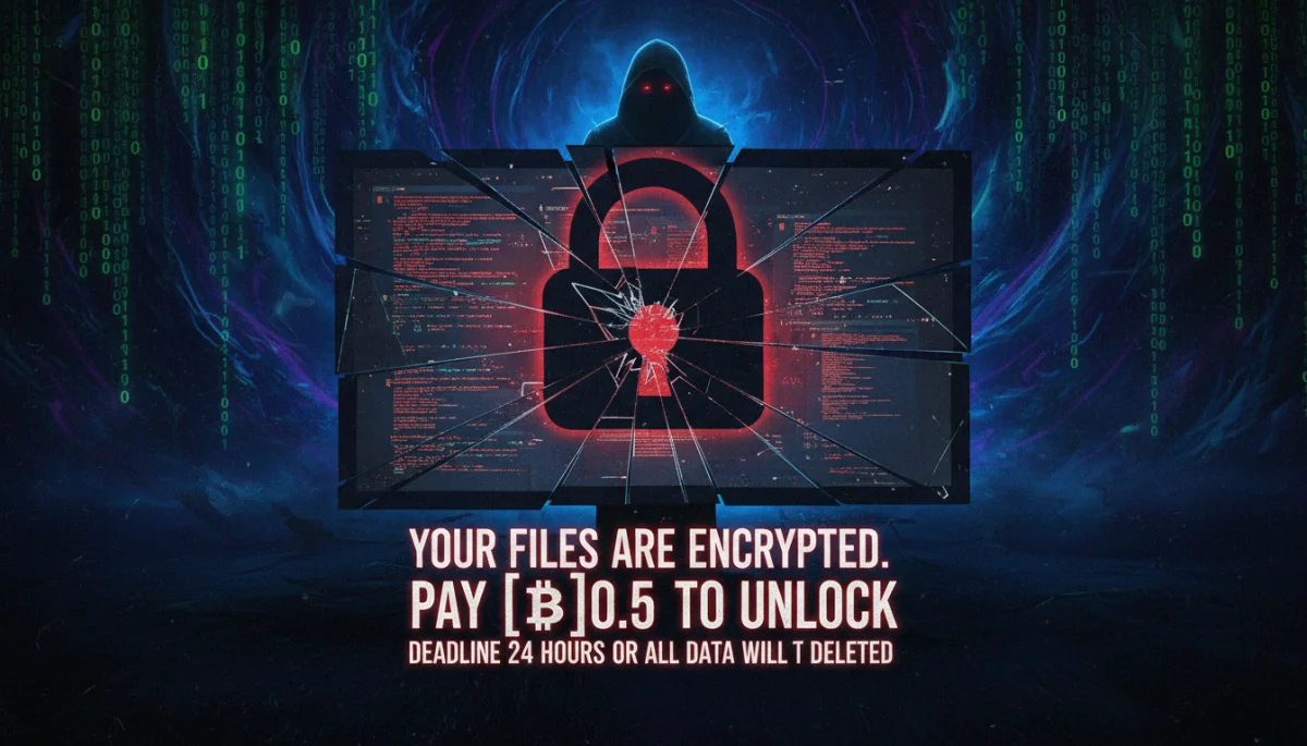 Ransomware: tela de computador bloqueada com pedido de resgate