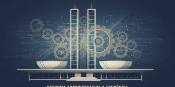Prédio do Congresso Nacional com engrenagens, simbolizando a Reforma Administrativa e a busca por eficiência na gestão pública brasileira.