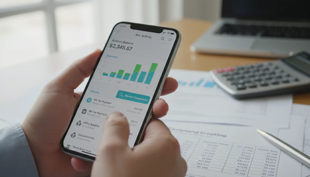 Detalhe de smartphone com aplicativo de banco digital, simbolizando a gestão de finanças.