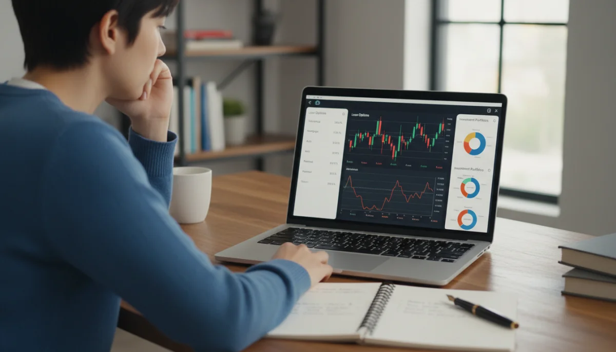 Pessoa analisando opções de empréstimos e investimentos em um laptop, planejando finanças.