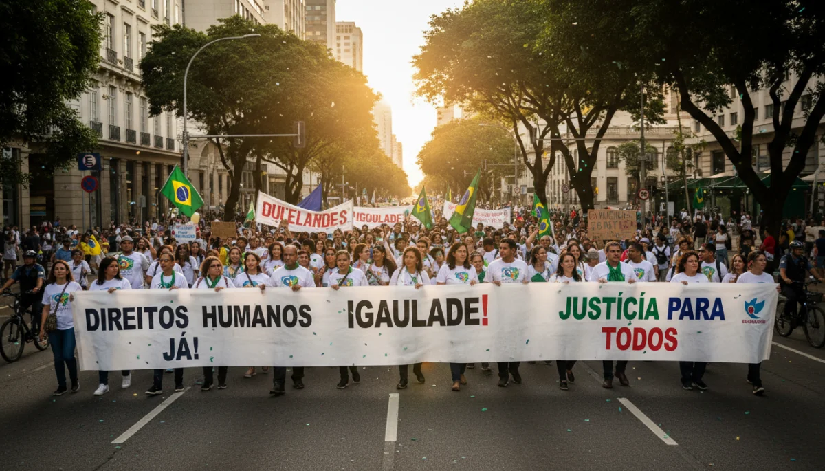 Manifestantes pacíficos defendendo direitos humanos em protesto no Brasil.