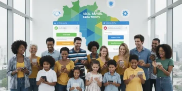 Cidadãos brasileiros utilizando serviços digitais simplificados, com um fundo que remete à desburocratização governamental.