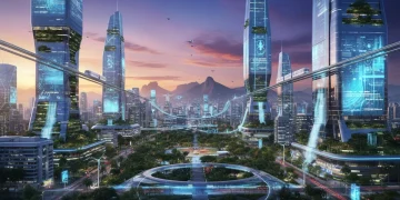 Paisagem urbana futurista no Brasil com elementos de cidade inteligente, como transporte público avançado e iluminação inteligente.